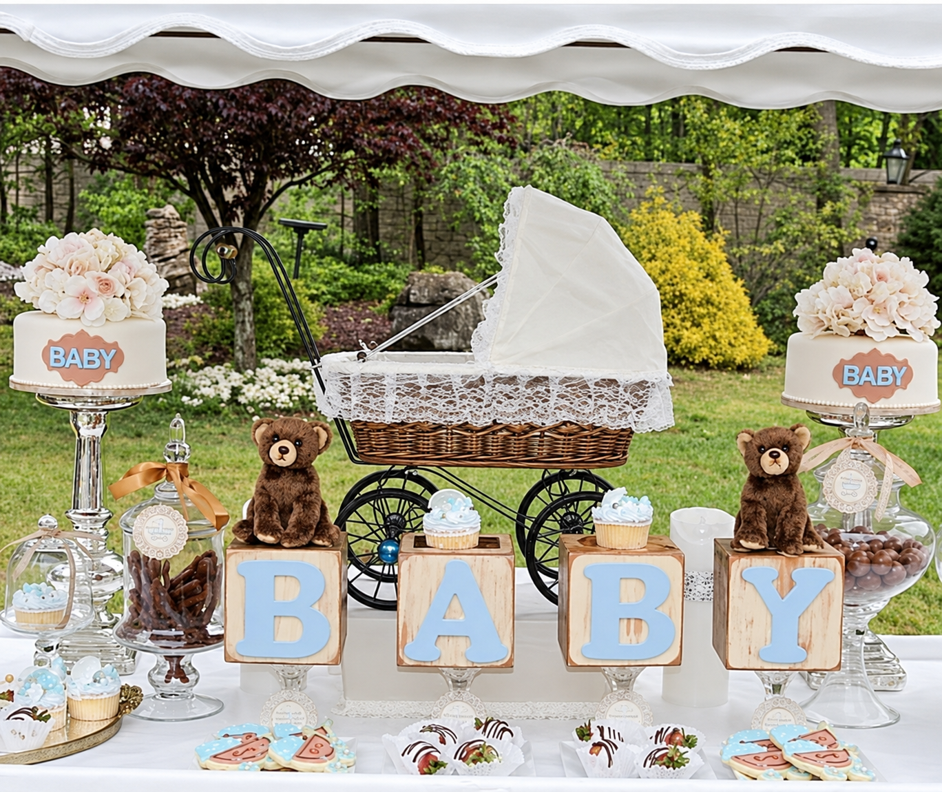 Baby shower display with pram, floral cakes and BABY letter blocks
