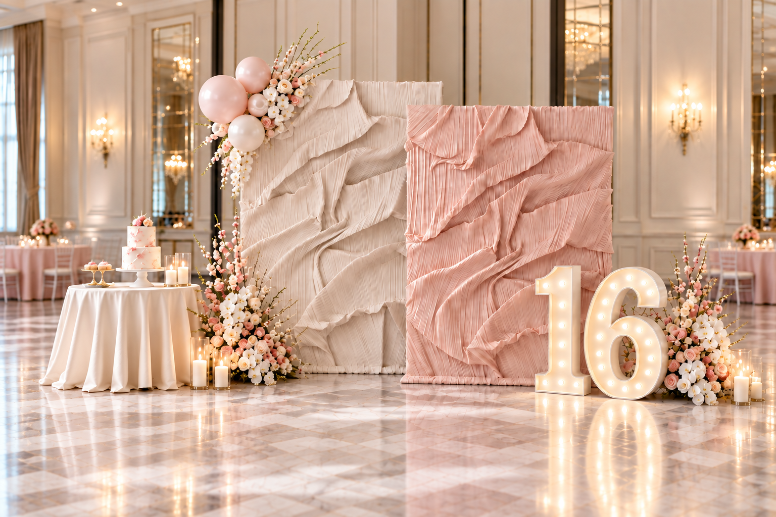 Sweet Sixteen ballroom photo backdrop with sculpted ivory and blush walls, airy balloon and floral accents, a cake table and illuminated 16 numerals
